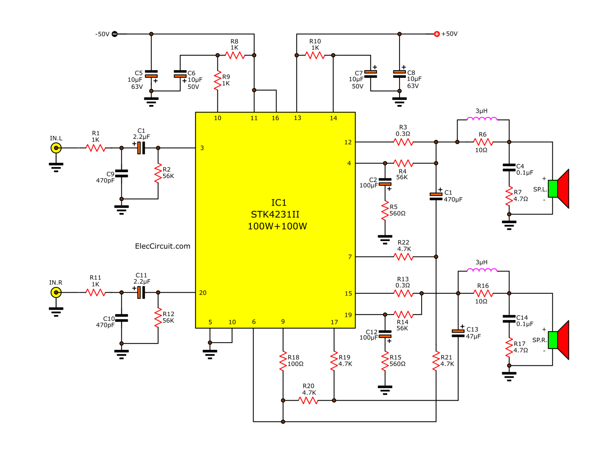 Stk Ii Channel W Stereo Audio Amplifier Circuit Elec Circuit