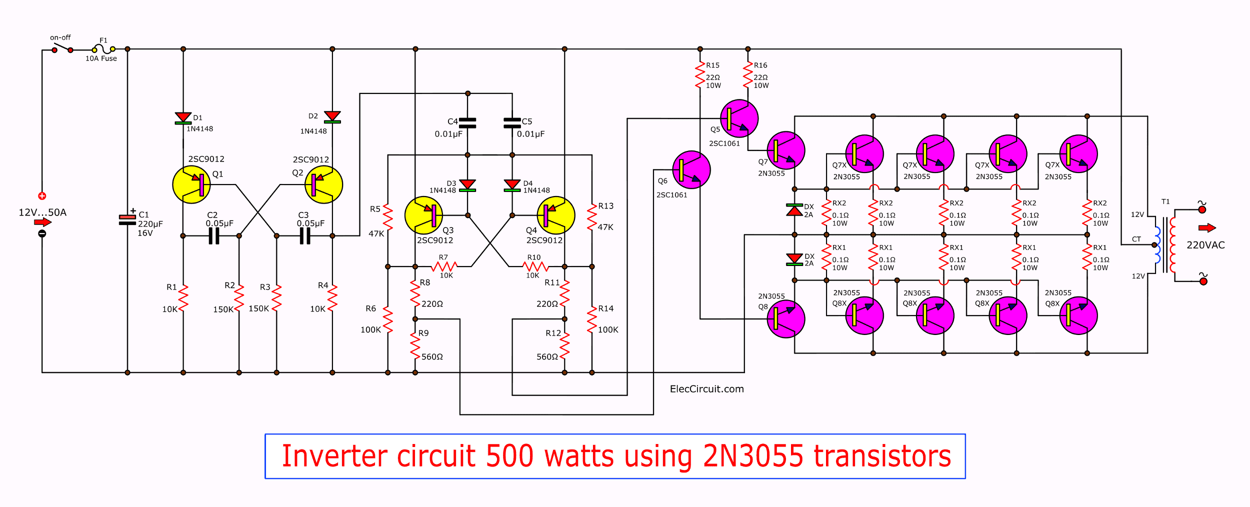 Inverter circuit 500w, 12V to 220V 