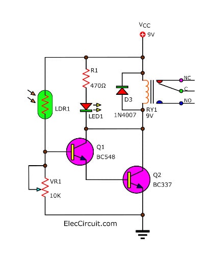 The Circuit diagram of Light Relay Switch By BC547 and BC337