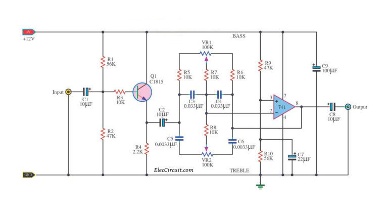Simple bass treble tone control circuit diagram | ElecCircuit.com