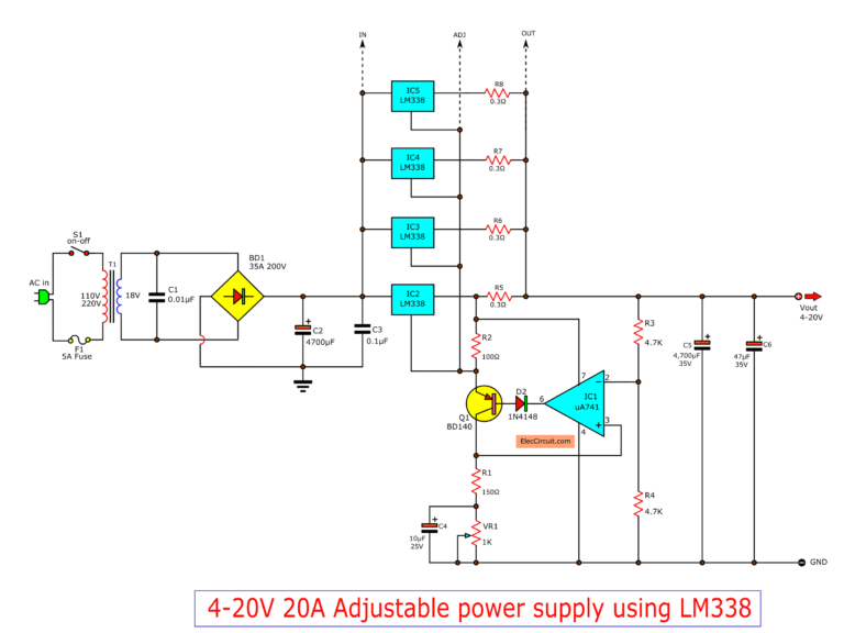 0-30V 20A High current adjustable voltage regulator circuit