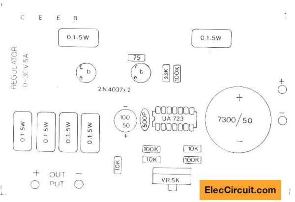 Components layout of 0-30V 5A regulator using LM723 2N3055