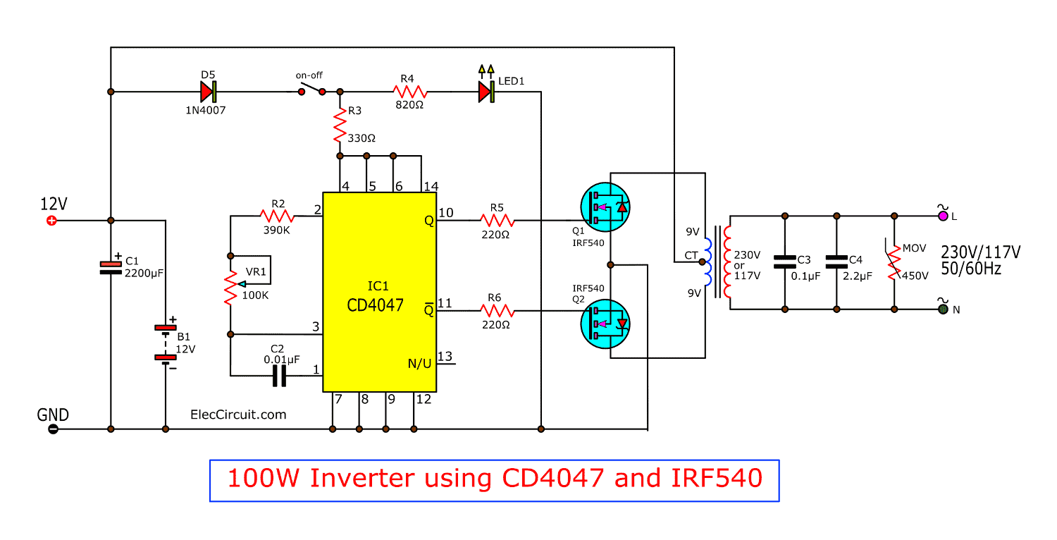 Four CD4047  Inverter  circuit  60W 100W 12VDC to 220VAC