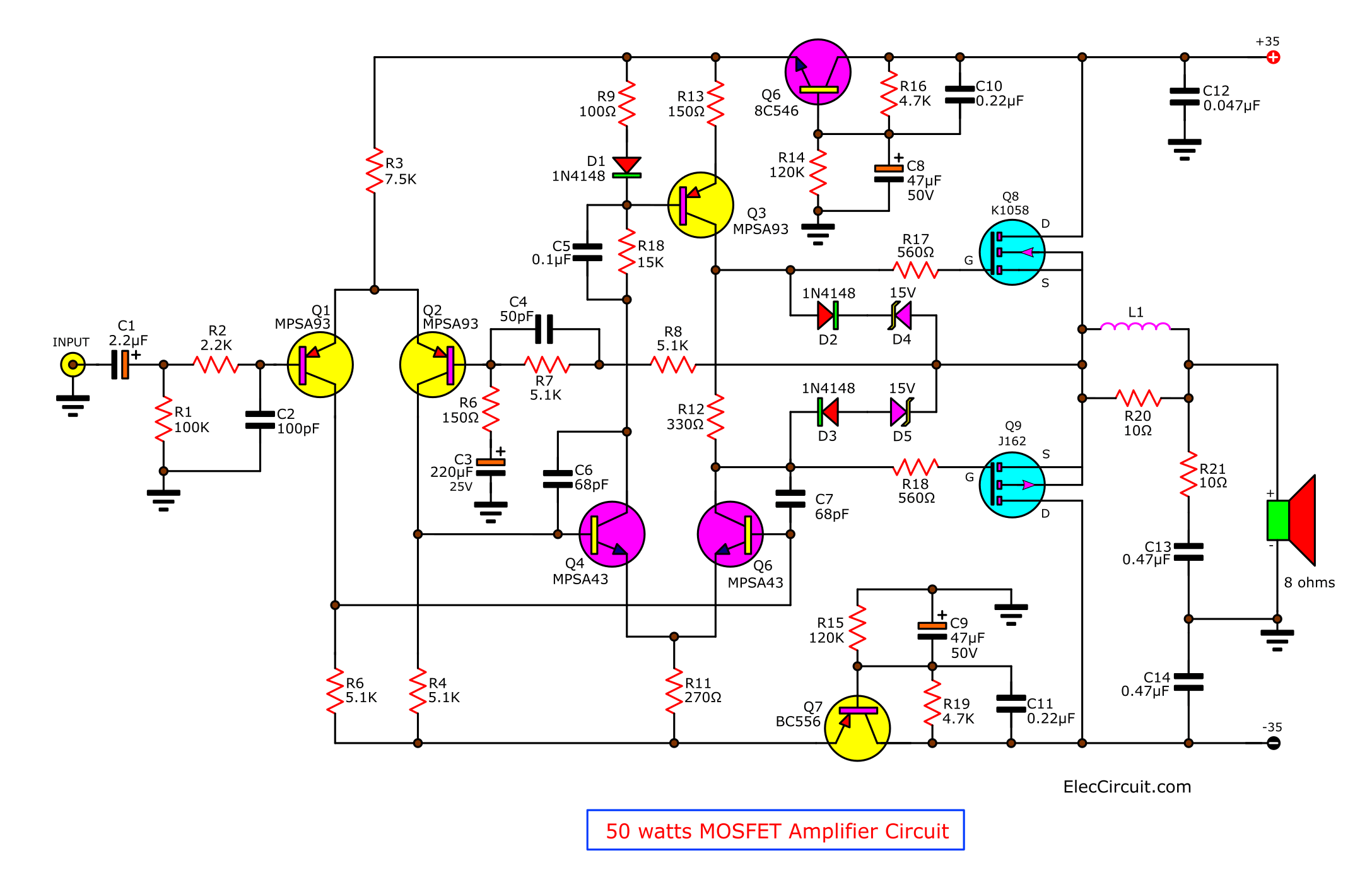 50w mosfet amplifier circuit OCL using K1058 + J162