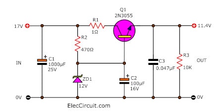 dc power zener with diode supply diode transistor 1A and using Zener regulator linear 12V