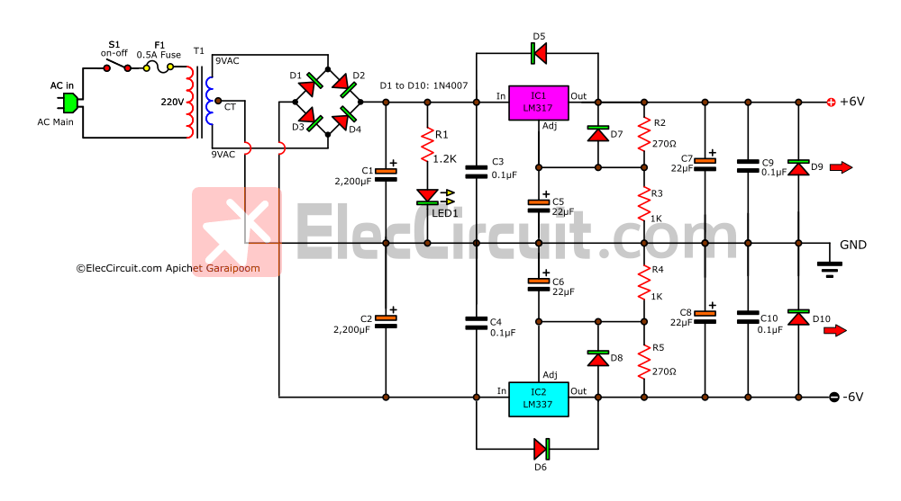 6V Dual power supply circuit using 7806 and 7906