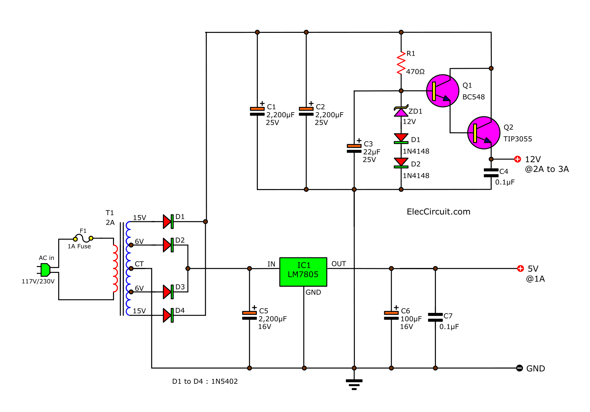 dc zener using supply power diode Electronic   ElecCircuit 5V 12V supply  circuit and power