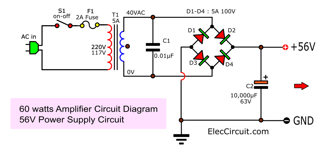 60W RMS OTL integrated audio amplifier circuit