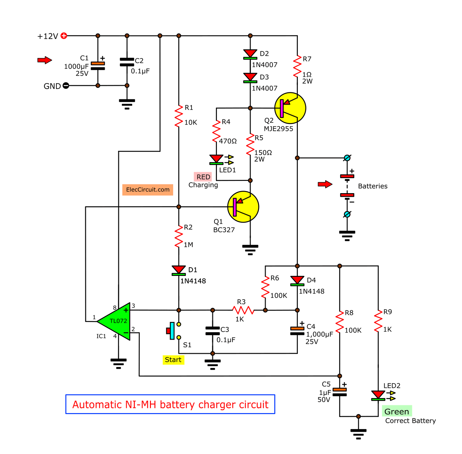 Automatic nimh battery charger circuit cutoff when full 