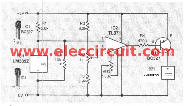 Temperature detector circuit with buzzer alarm ...