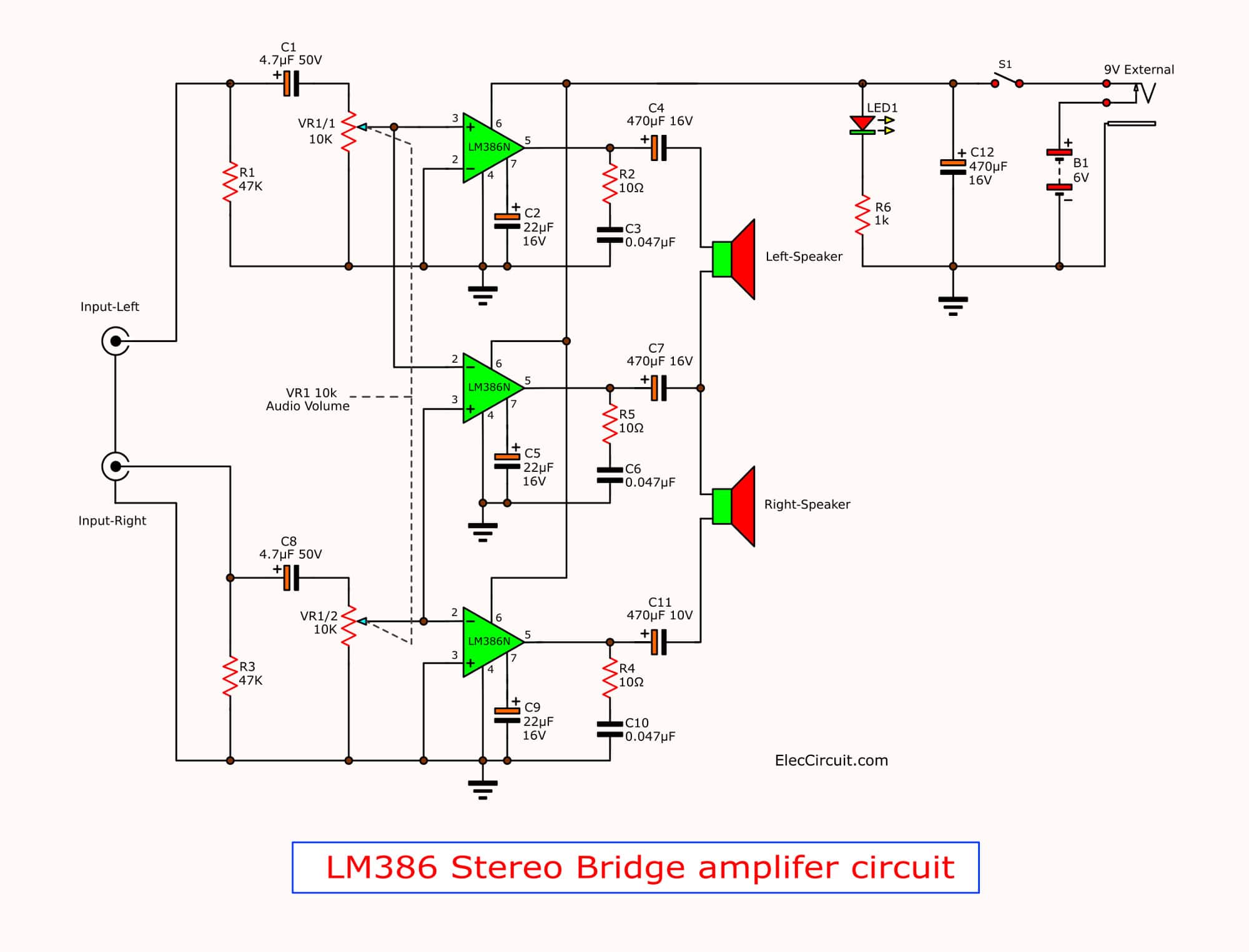 Lm386 Stereo Amplifier In Bridge 2 Watts Electronics Projects Circuits