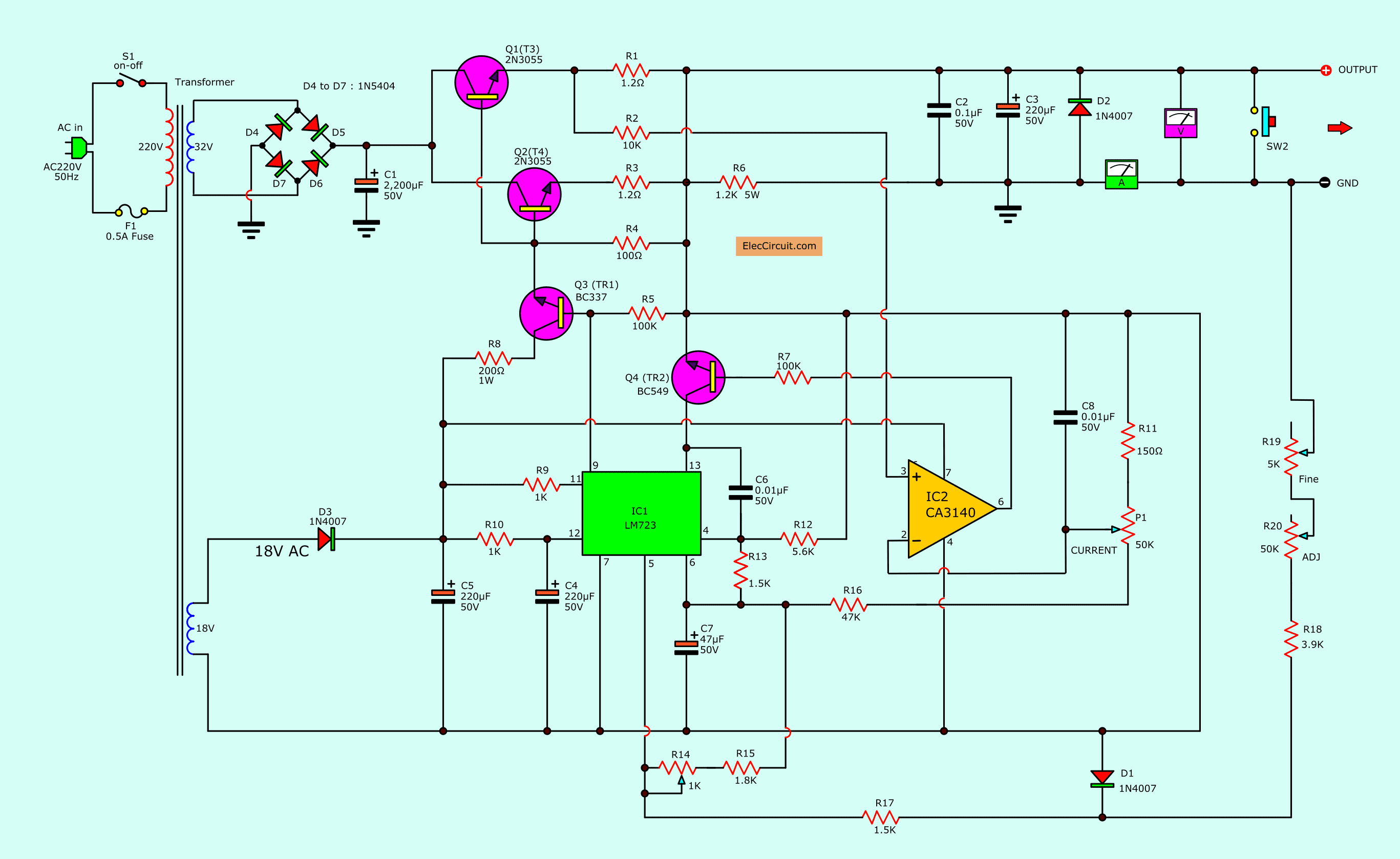 0 30V 0 5A regulated variable power  supply  circuit  