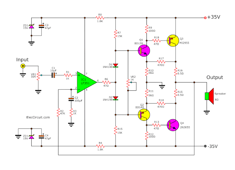 Power Amplifier OCL 70 watts using IC-741, 2N3055 | ElecCircuit.com