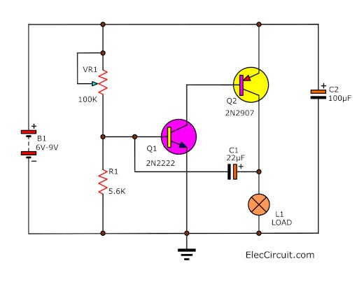 Lamp Flasher circuit using 2N2907 Bipolar Transistor