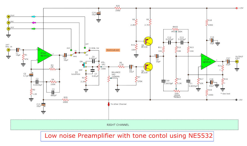 Low Noise Pre Tone Control Circuit Using 4558 Ne55532