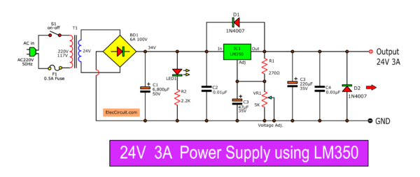 LM350 adjustable voltage Regulator - Eleccircuit.com