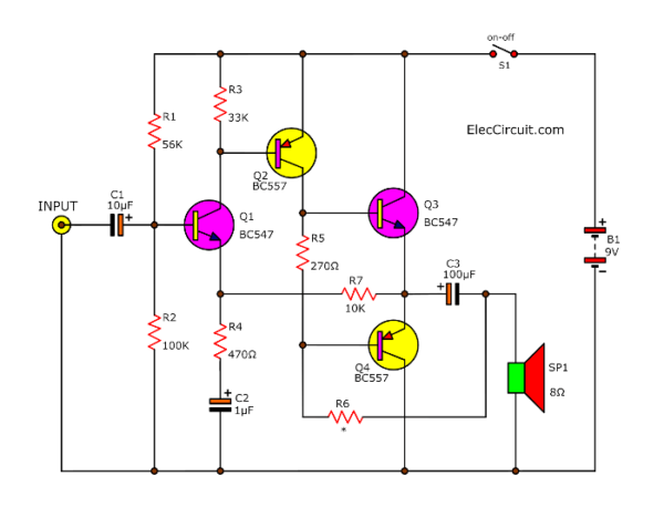 4 Simple transistor amplifier circuit | Eleccircuit.com