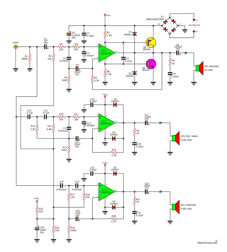 Tri Band Amplifier Circuit Project with Crossover network using TDA2030