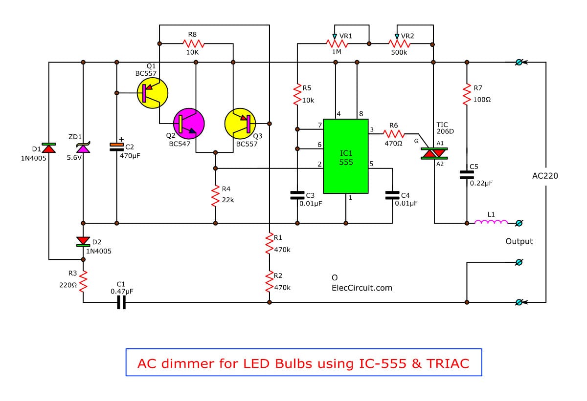 AC dimmer for LED using IC-555 & TRIAC | ElecCircuit.com