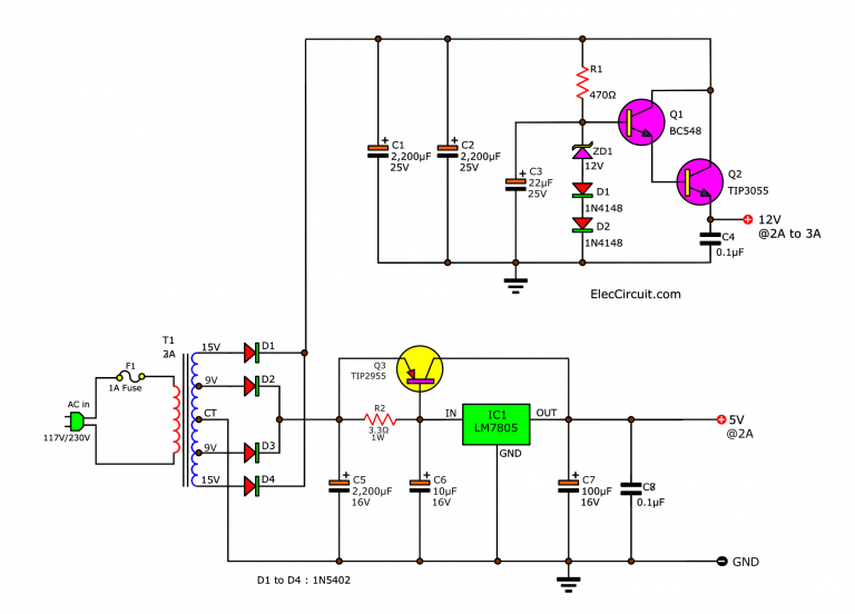 12V and 5V Dual Power Supply Circuit