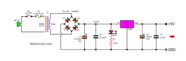 Many Simple 6V power supply circuit - Elec circuit.com