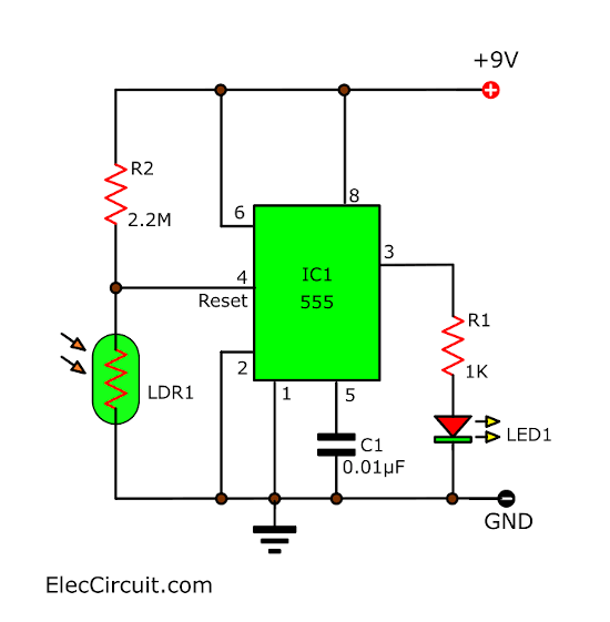 Basic dark activated led circuit using 555