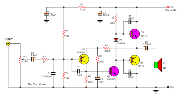 Simple Audio Amplifier Circuit Diagram Using Transistor Eleccircuit Com