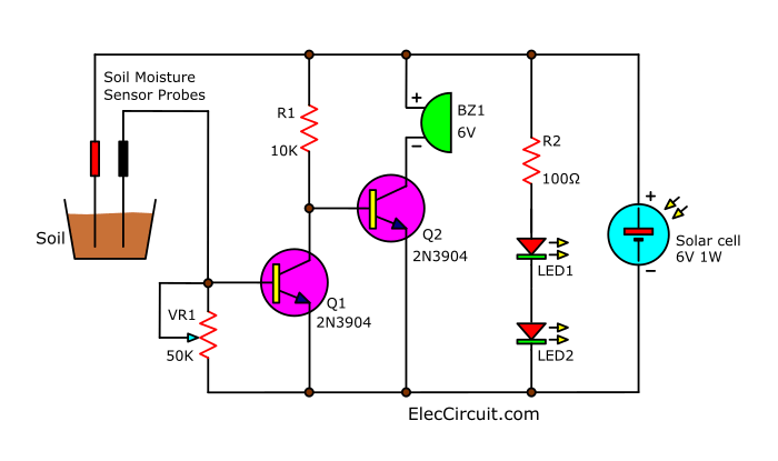 simple solar plant water alarm circuit