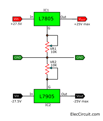 simpleast L7805 L7905 dual adjustable regulator circuit