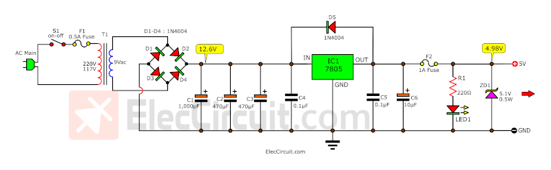 5V power supply circuit using Recycling electronic circuit boards