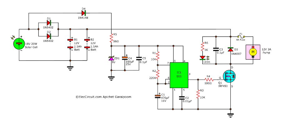 Simple solar powered-12V water Pump circuit with time period