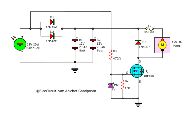 Simple Solar-Powered 12V Water Pump Circuit with battery using MOSFET