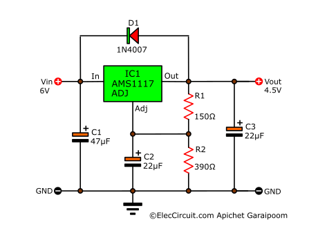 6V to 4.5V regulator circuit using AMS1117-ADJ