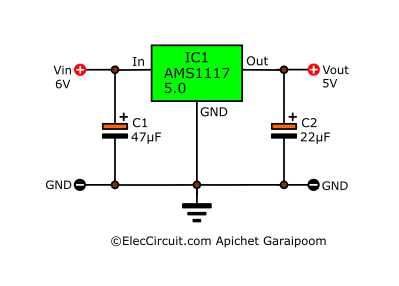 6V to 5V regulator circuit using AMS1117