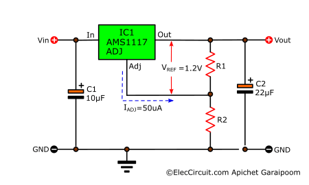 Basic Adjustable Regulator Circuit Using AMS1117 ADJ